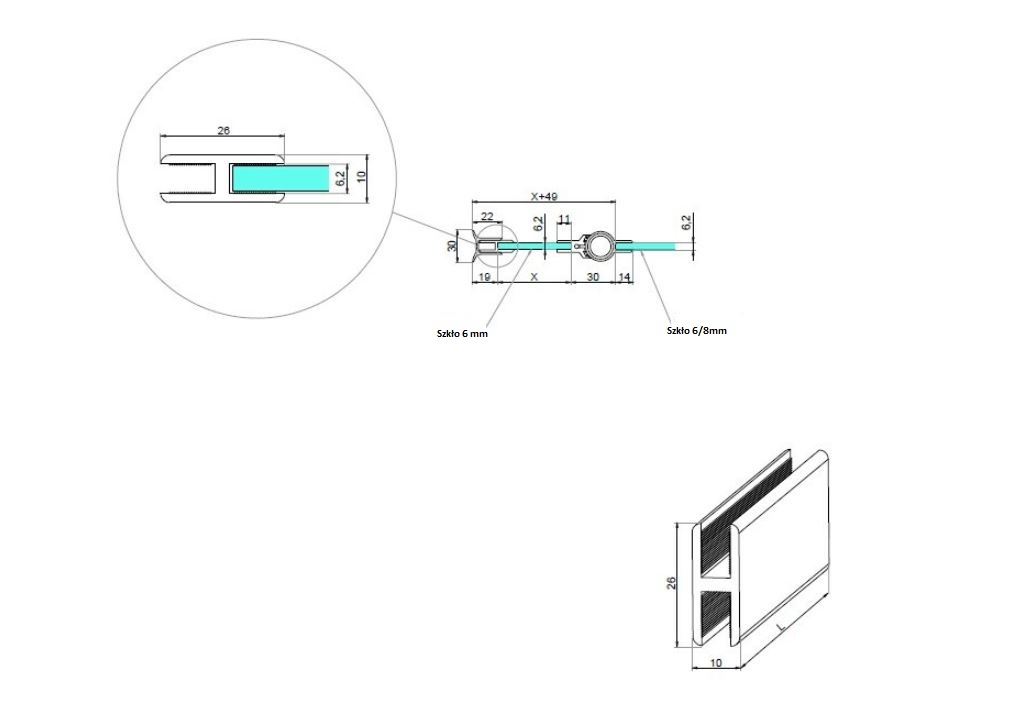 Profil H dla szkła 6mm długość L=1900mm aluminium