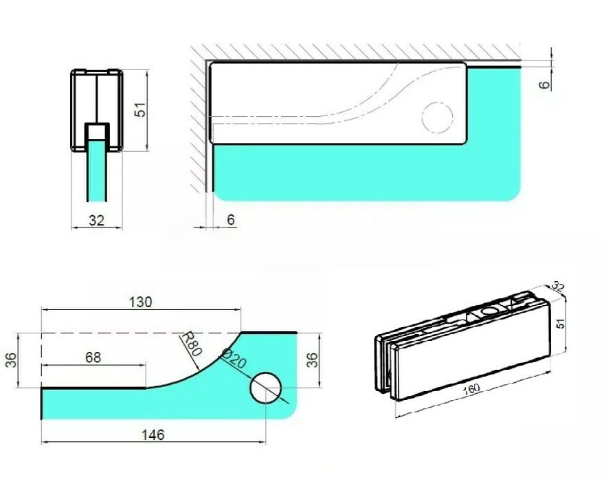 Okucie górne o wymiarach 161x51x32 mm, czarne