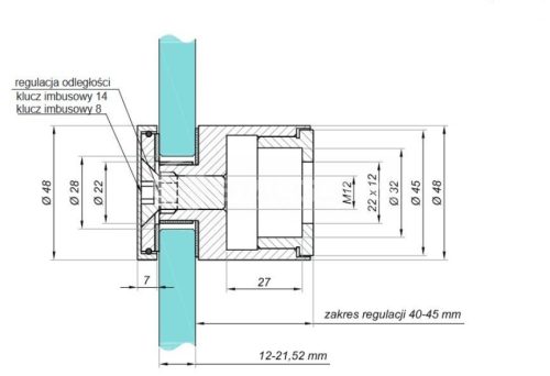 Uchwyt punktowy fi48, dystans 40mm, regulowany, czarny połysk