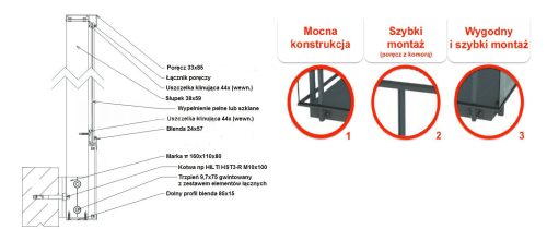 Balustrada systemowa ALU-SG-EASY-BSB od boku L1000