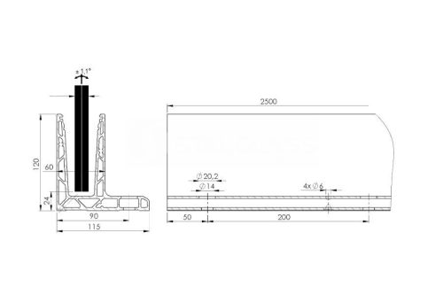 Profil balustrady szklanej "L" z regulacją Satin elox szkło 12-17,52mm L2500 1kN