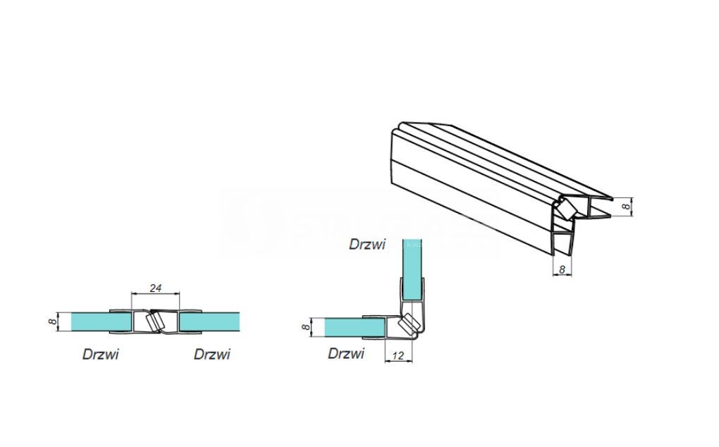 Uszczelka magnetyczna 90/180 stopni, na szkło o grubości 8 mm / 24 mm